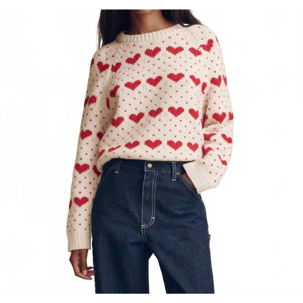 THE GREAT. NWT- Cream Sweater with Red Heart Pattern